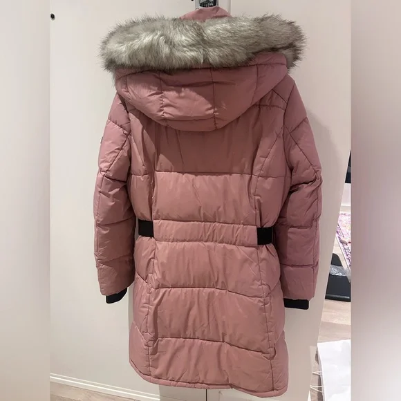 DKNY Pink Puffer Coat with black belt and removable Fur Hood - Picture 6 of 16
